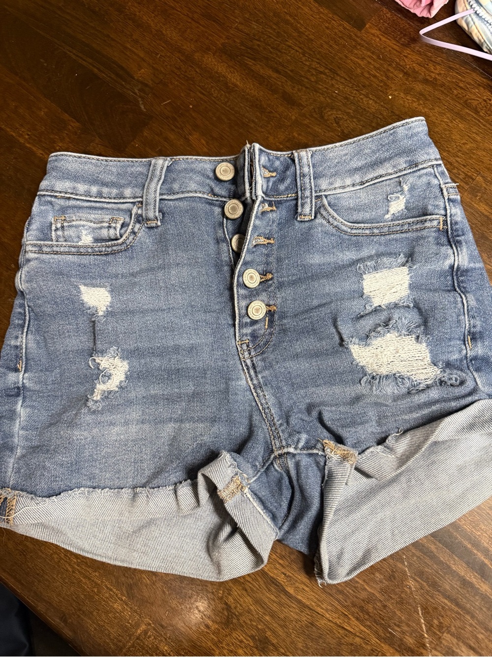 SO High-Rise Curvy Distressed Denim Shorts - Light Blue